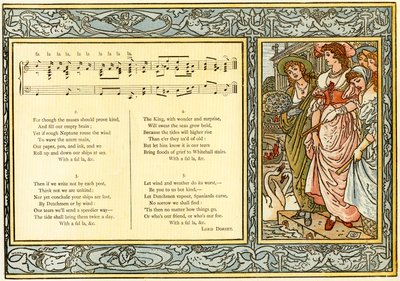 "To All You Ladies now on land, we men at sea indite", sångillustration från "Pan-Pipes", A Book of Old Songs, Newly Arranged and with Accompaniments by Theo. Marzials, utgiven i London av George av Walter Crane